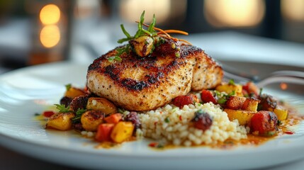 Grilled Fish with Roasted Vegetables and Rice