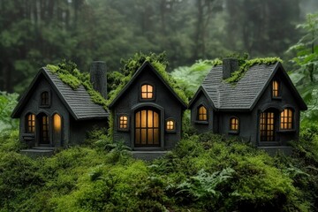 Fototapeta premium A dark, mysterious tiny village with glowing windows, hidden deep within a foggy miniature forest