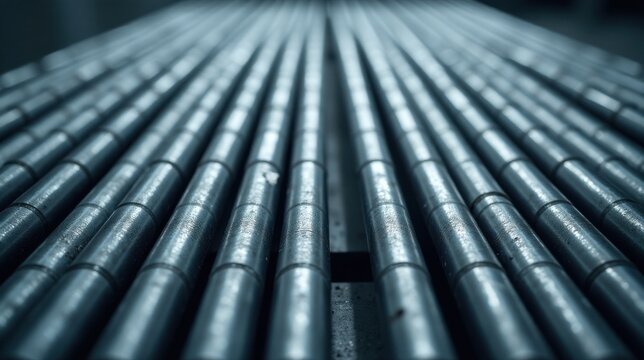 Abstract industrial metallic texture parallel cylindrical elements in a repeating pattern, creating a sense of depth and industrial strength