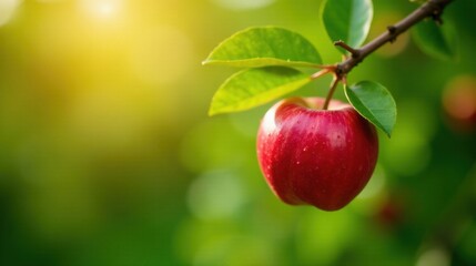 Obraz premium A single ripe red apple hangs from a branch, bathed in warm sunlight, surrounded by lush green foliage, a vibrant symbol of nature's bounty and the sweetness of harvest.
