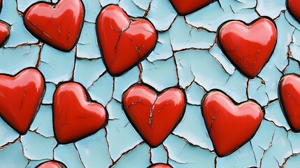 Obraz premium Red Hearts Cracked Painted Wall Texture Background