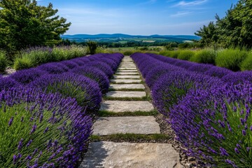 A field of lavender in full bloom, stretching towards the horizon under a clear blue sky