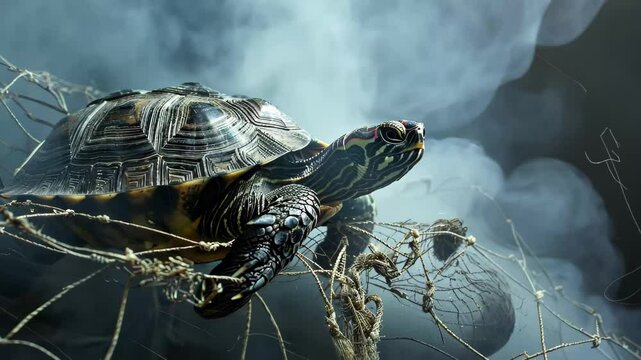 A turtle slowly moves through a shrouded environment filled with fog, highlighting its intricate shell patterns and the surrounding natural elements.
