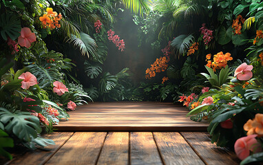 Wooden Platform Amidst Tropical Greenery and Colorful Flowers  
