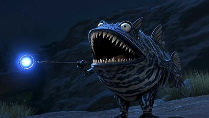 Nighttime coastal scene; magical fish casts spell