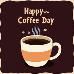 happy coffee day: a steaming cup of coffee in an and white mug