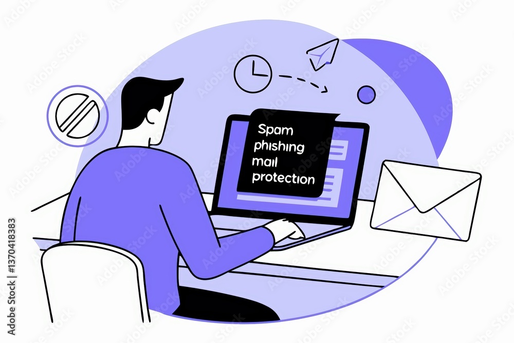 Poster a person using a computer, focusing on spam and phishing mail protection, with visual elements repre