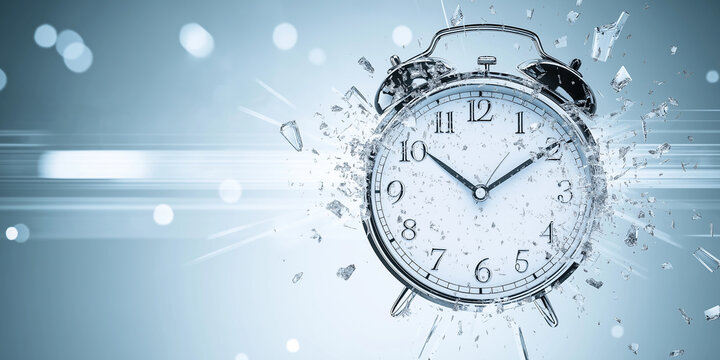 Exploding alarm clock showing time pressure concept