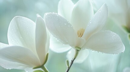 Fototapeta premium Three white magnolias with droplets.