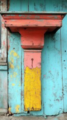 Colorful wooden architectural element on a weathered wall