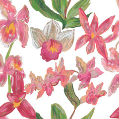 Orchid flowers wax crayons  seamless pattern on white isolated background. Textural and botanical repeating pattern. Spring Asian Flowers design for textiles, wrapping paper and wallpaper.