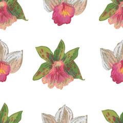 Orchid flowers wax crayons  seamless pattern on white isolated background. Textural and botanical repeating pattern. Spring Asian Flowers design for textiles, wrapping paper and wallpaper.