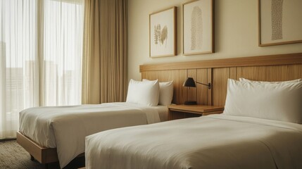Fototapeta premium A minimalist hotel room with twin beds.