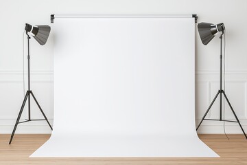 High-End Photography Studio with Softbox Lighting, White Backdrop, Camera Tripod, Light Modifiers, Reflectors, Diffusers, Wooden Floors, Modern Design, Portrait Photography Setup