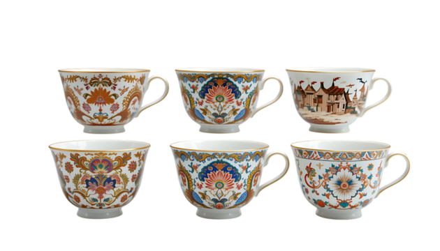 Elegant porcelain teacups with intricate designs colorful patterns
