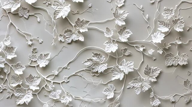 Delicate plasterwork showcases beautifully intertwined vines and leaves, set against a calm background, adding a touch of sophistication to the interior decor.