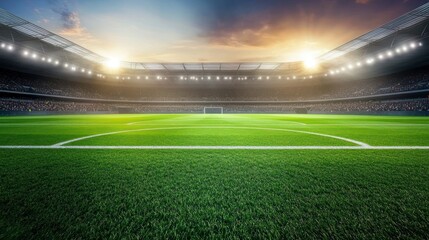 Soccer Stadium at Sunset with Green Grass and Bright Lights