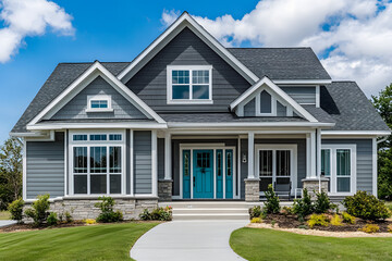 Gray New Construction Modern Cottage Home with Hardy Board Siding and Teal Door with Curb Appeal