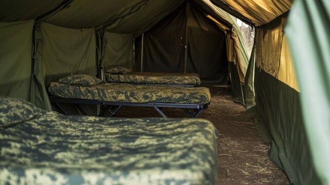 Military tent with two cots inside.