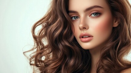 Naklejka premium Portrait of a Young Woman with Long Wavy Brown Hair
