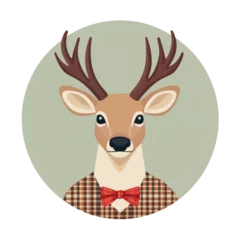  stylish deer illustration featuring deer with antlers, wearing plaid shirt and red bow tie, set against green circular © Enjoy