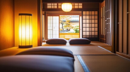 Fototapeta premium Traditional Japanese ryokan with futons.