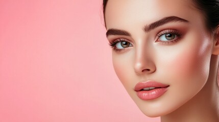 Fototapeta premium Woman Portrait with Professional Makeup Looking at Camera on Pink Background