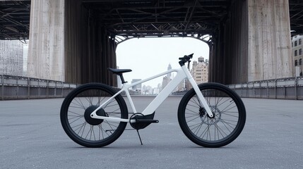 Fototapeta premium Sleek white electric bicycle under city bridge