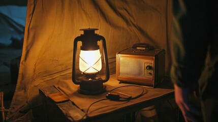 A lantern and radio in a tent.