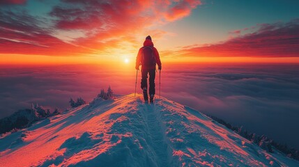 Obraz premium Hiker atop mountain at sunrise