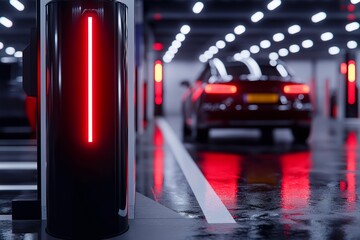 High-Tech Parking Garage Entrance with Automated Barrier, Digital Vehicle Entry Display, AI Surveillance Cameras Scanning License Plates, Modern Smart Parking System