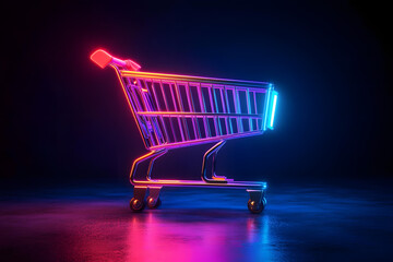 Metal shopping cart with neon glow on dark background. Shopping concept, online shopping and black friday.