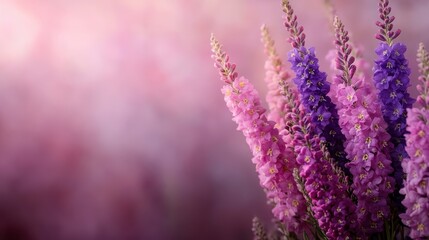 Naklejka premium A stunning display of pink and purple flowers captures the essence of beauty and serenity, inviting viewers into a tranquil floral paradise that soothes the soul.