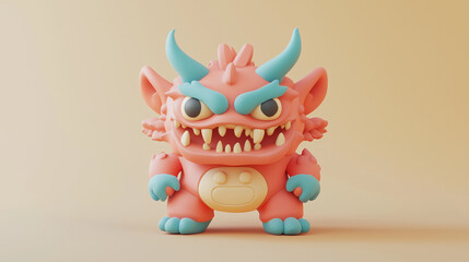 Fototapeta premium A fierce stylized 3D dragon creature with sharp teeth, bold horns, and textured scales in a vibrant fantasy scene. A mythical character diorama evoking power, folklore, and fiery legend. 