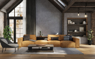 Dark rustic living room with high ceilings, concrete walls, and comfy furniture, 3d rendering  © Василь Чейпеш