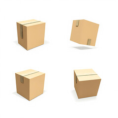 four sealed cardboard boxes in various positions against a white background