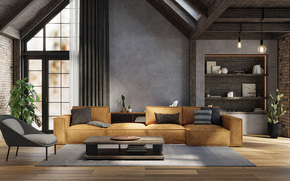 Dark rustic living room with high ceilings, concrete walls, and comfy furniture, 3d rendering 