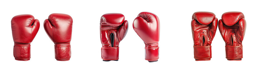 Red boxing gloves displayed pairs, isolated transparency background, showcasing their shiny leather texture and sporty design