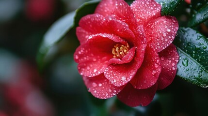 A vibrant red camellia with dew.