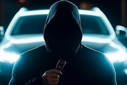 Hooded Car Thief Using Key Fob Signal Jammer to Unlock Luxury Car in Dimly Lit Parking Lot, Face Hidden in Shadows