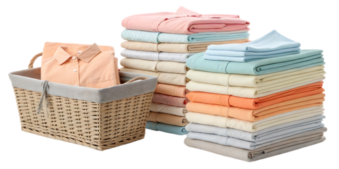 A wicker basket with a shirt and stacks of folded sheets in various colors on a  isolated on transparent or white background, png