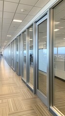 Modern office hallway with glass partitions