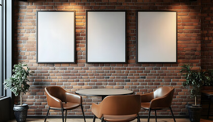 Three empty frames poster mockups on brick wall above round table and chairs in cafe in modern loft style design. Blank canvas template for advertising, art, presentation.