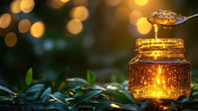 Golden elixir poured from spoon into jar