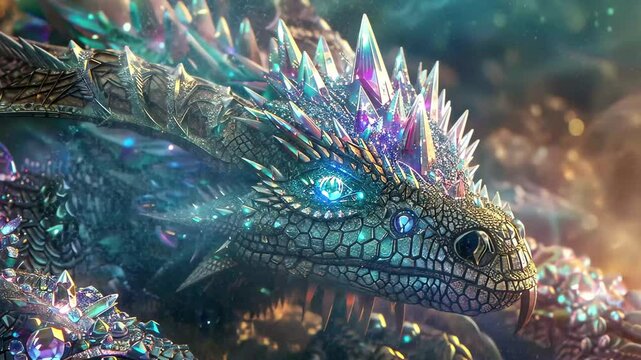 The dragon, adorned with sparkling crystals, lies peacefully in a vibrant setting, with soft light filtering through, casting enchanting reflections on its scales.
