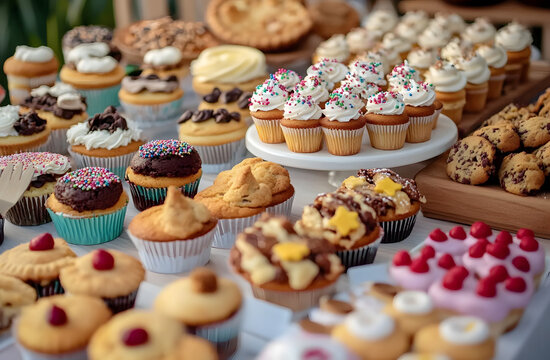 Various freshly baked goods displayed on table for charity bake sale. Cupcakes, cookies, pies assortment. Treats decorated with frosting, sprinkles. Homemade baking for fundraising event, tasty snack.