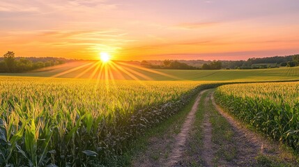 Obraz premium Golden sunset over a cornfield pathway