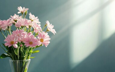 Fototapeta premium A beautiful bouquet of pink daisies in a clear vase against a soft, light blue background, illuminated by gentle sunlight.