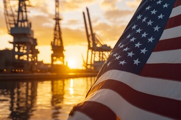 American Flag Draped Across Military Ship at Sunrise, Uniformed Sailors on Deck, Naval Shipyard with Cranes and Equipment, Calm Water Reflection, Patriotic Naval Scene