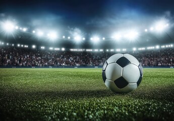 Fototapeta premium Soccer Ball on a Green Field at Night Under Bright Stadium Lights